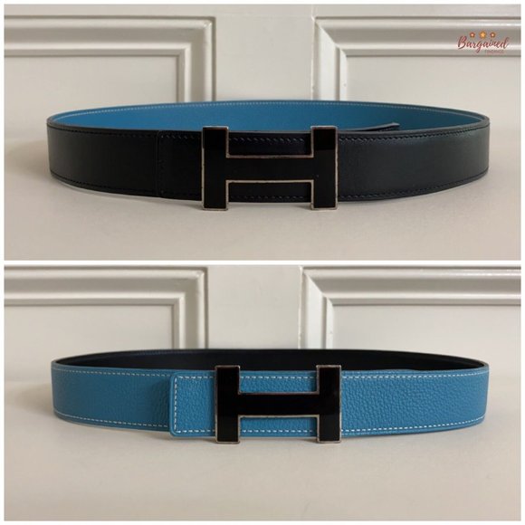 Authentic HERMES Black Smooth & Blue Pebbled Leather H Black Reversible Belt 85 main image 8